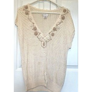 Kyouko Design Studio Vintage Crochet Sweater Women XL Cream V-Neck Florals VTG